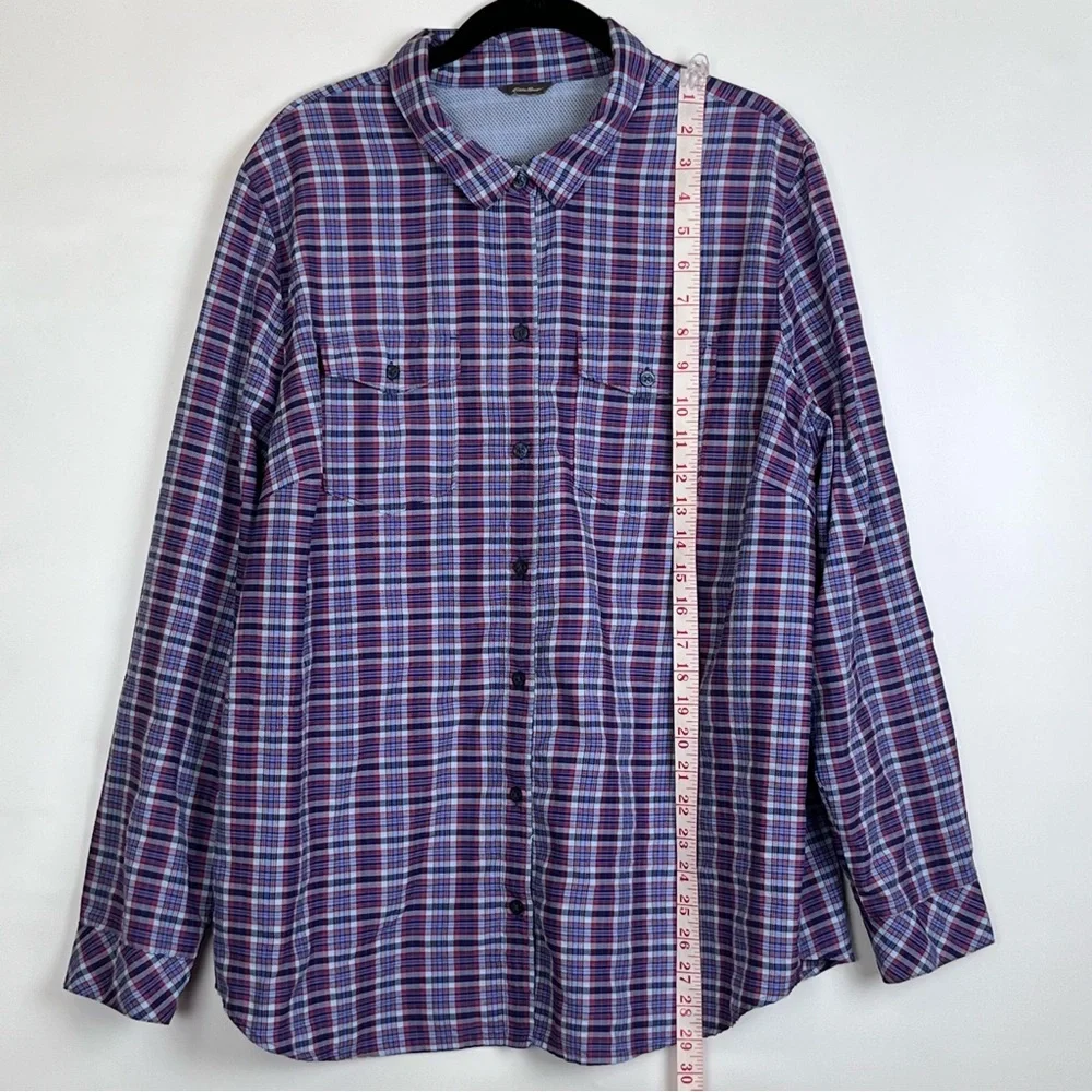 Eddie Bauer Shirt Women’s 3X Purple Pink Plaid Adventurer Roll-Tab Sleeve READ